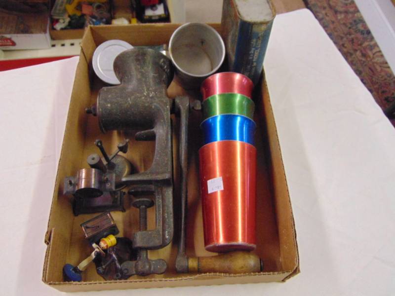 lot 3577 image: ANTIQUE MEAT GRINDER, CUPS, ICE IN A CAN, ETC