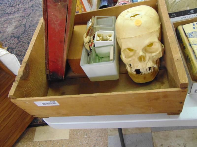 lot 3582 image: WOOD CRATE WITH SKULL, ETC.