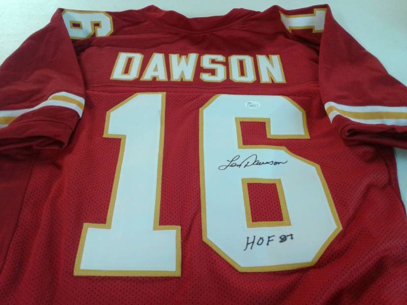 lot 1005 image: Signed Len Dawson Kansas City Chiefs #16 Custom Jersey With HOF 87 Inscription and James Spence Authentication