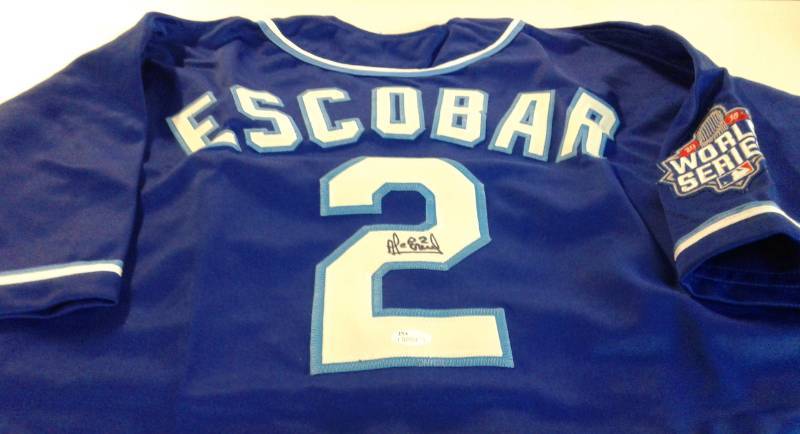lot 1006 image: Signed Alcides Escobar Kansas City Royals #2 Custom Jersey James Spence Authenticated With 2015 World Series Patch