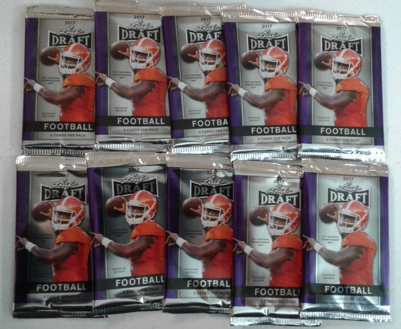 lot 1025 image: Ten Unopened Packs 2017 Leaf Draft Sealed Football Packs with Possible Patrick Mahomes II Rookies