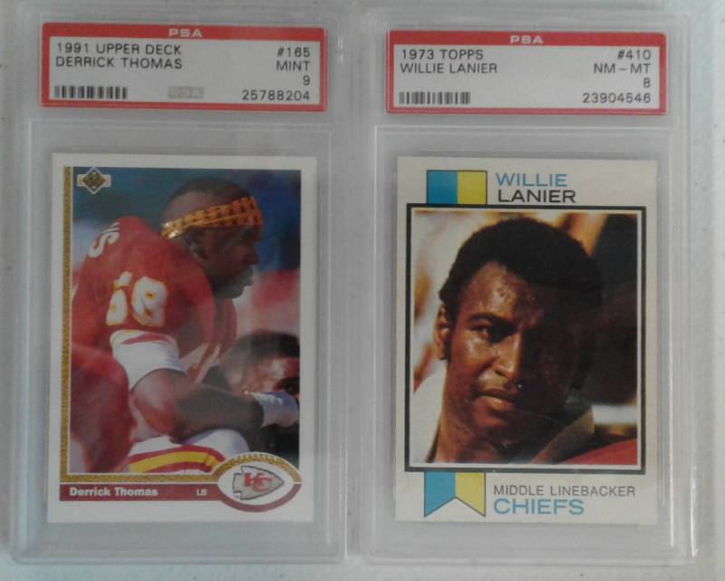 lot 1077 image: Two Professionally Graded PSA Kansas City Chiefs All-Time Linebackers Derrick Thomas & 1973 Topps Willie Lanier PSA 8