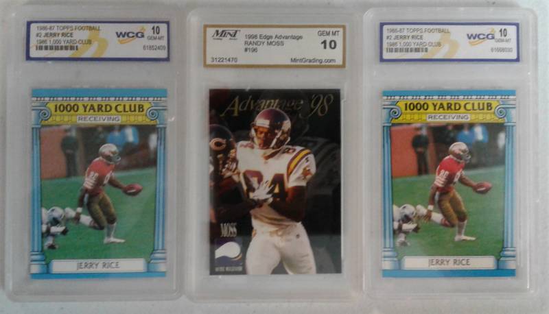 lot 1081 image: Three Professionally Graded Wide Receiver Football Cards Two Jerry Rice & One Randy Moss Rookie Card