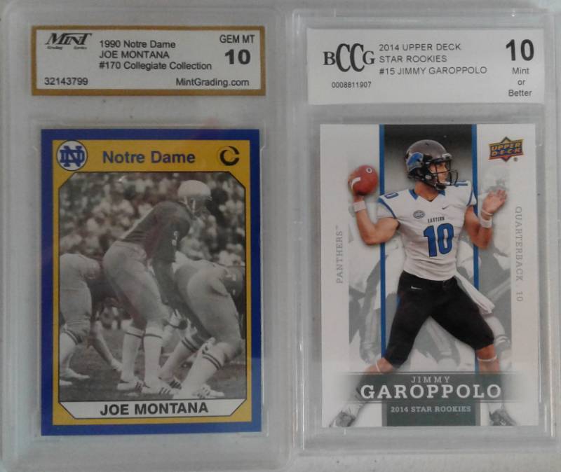 lot 1082 image: Two Professionally Graded 49ers Quarterbacks Joe Montana & Beckett BCCG 10 Jimmy Garoppolo Rookie Card