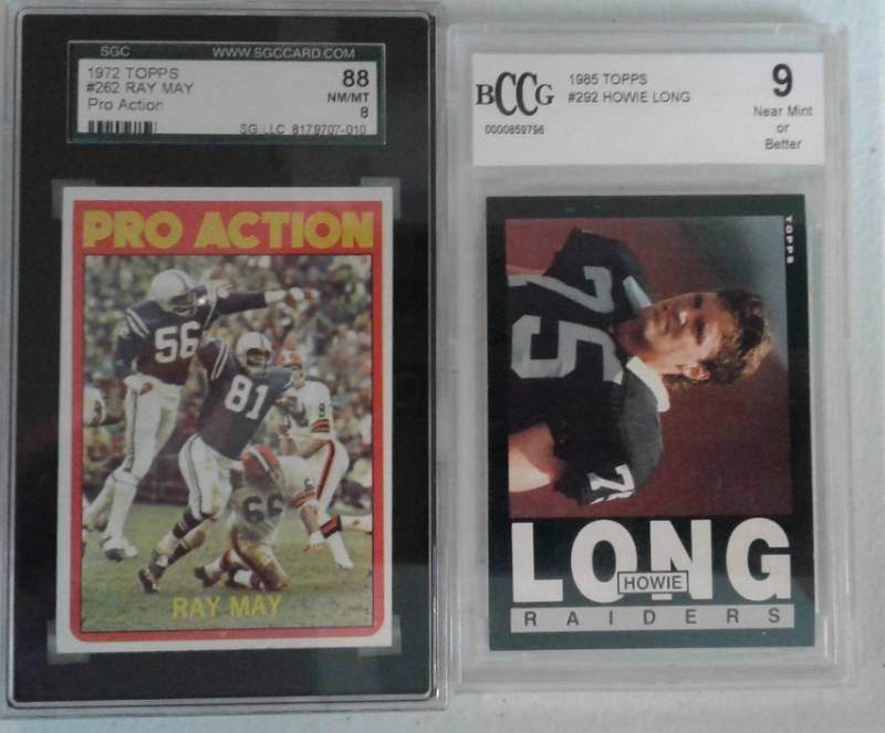 lot 1083 image: Two Professionally Graded Vintage Football Cards Beckett BCCG 85 Topps Howie Long & 1972 Topps Ray May