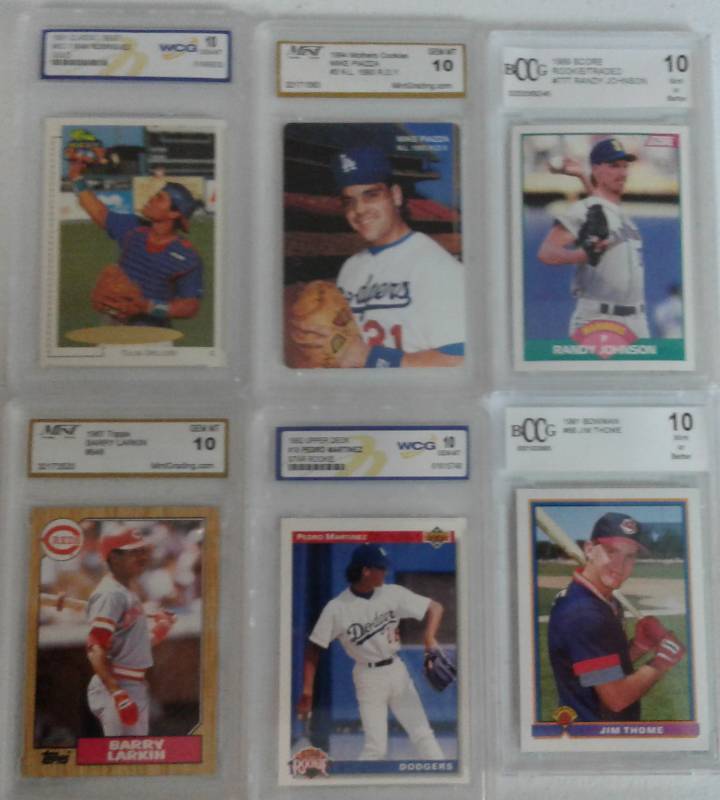 lot 1095 image: Lot of Six Professionally Graded Rookie Cards All of Hall of Fame Baseball Players - Big Unit, Jim Thome, Piazza, Pedro Martinez, Larkin, Pudge
