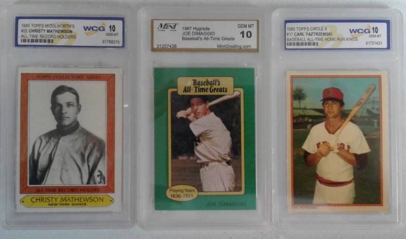 lot 1099 image: Three Vintage Players Proffesionally Graded Baseball Cards - Carl Yastrzemski, Joe DiMaggio, & Christy Mathewson