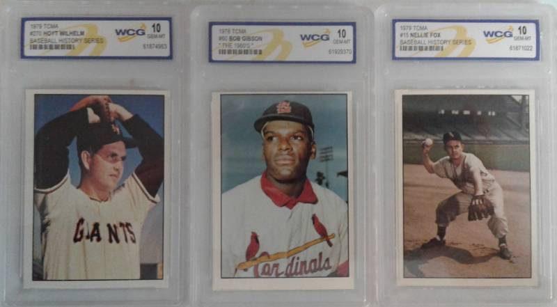 lot 1100 image: Three Professionally Graded 1979 TCMA The 1960s Baseball Cards - Bob Gibson, Hoyt Wilhelm, & Nellie Fox - All Hall of Famers