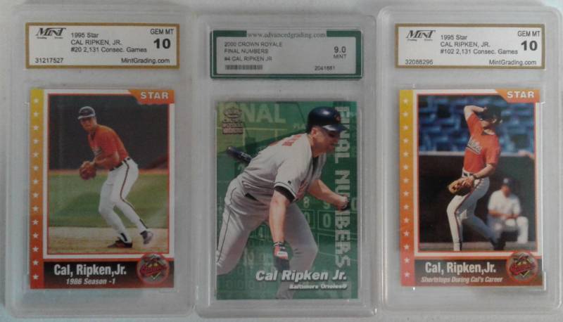lot 1102 image: Three Professionally Graded Cal Ripken Jr Baseball Card Inserts Baltimore Orioles
