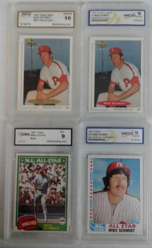 lot 1103 image: Four Professionally Graded Mike Schmidt Baseball Cards - 1981 Topps, 1982 Topps, 1991 Classic & 1991 Classic GOLD