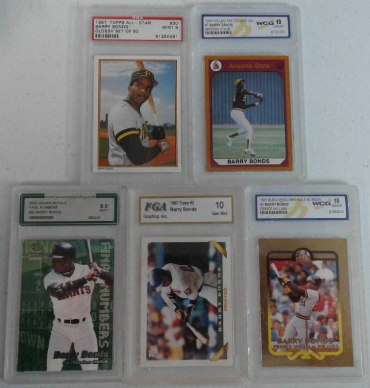 lot 1105 image: Five Professionally Graded Barry Bonds Baseball Cards Including a Rookie Card Topps Glossy PSA Graded 9