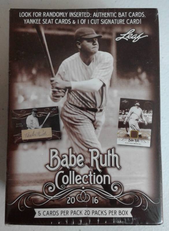 lot 1034 image: 2016 Leaf Babe Ruth Collection Blaster Sealed Box with 20 Packs & 100 Babe Ruth Baseball Cards with Chance at Yankees Stadium Seat or Ruth Bat Relic Piece