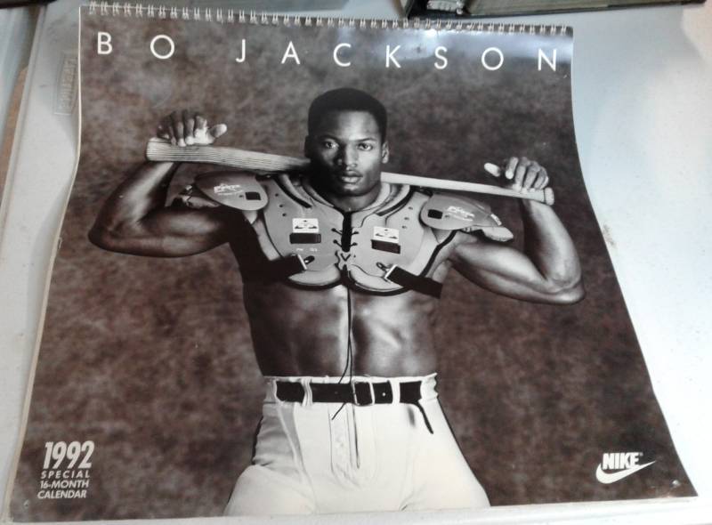 lot 1046 image: Original 1991-92 Bo Jackson Shoulder Pads & Bat Calendar Unused in Mint Condition