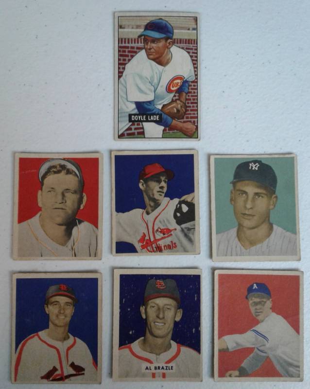 lot 1150 image: Six 1949 Bowman & 1951 Bowman Original Real Baseball Cards in Great Condition - Cardinals, Yankees, Cubs