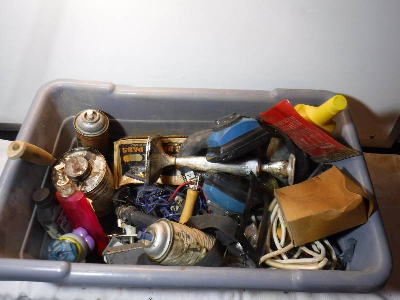 lot 7354 image: Tub full of stuff including shooters head phones