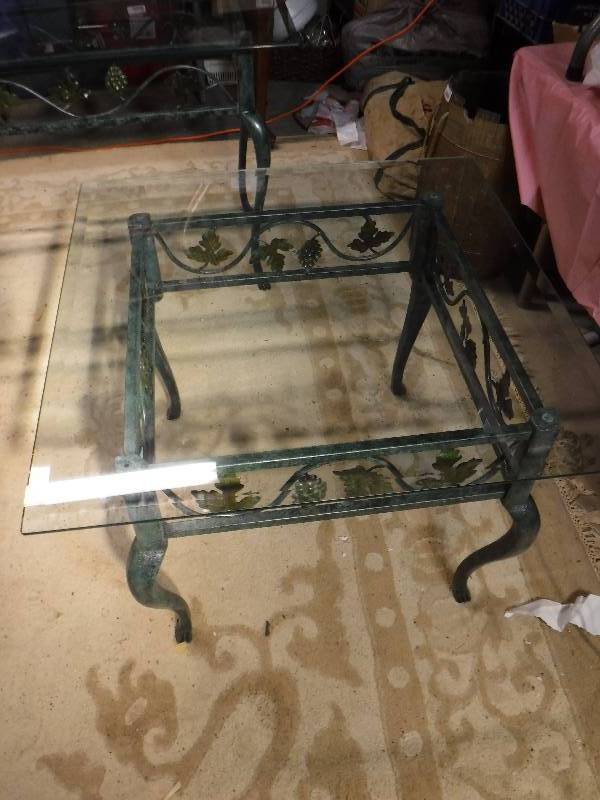 lot 7368 image: Set of 3 Ornate metal based glass top coffee tables