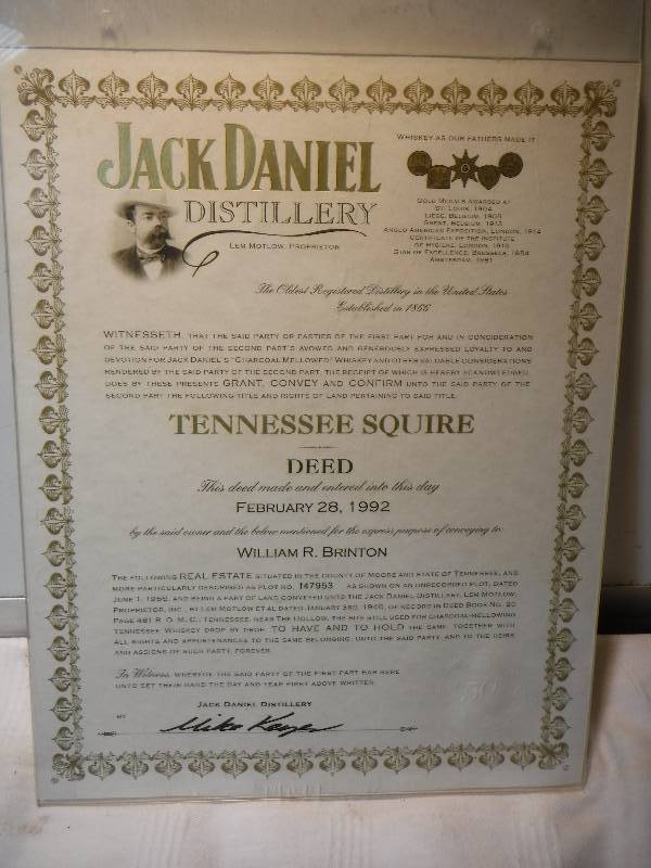 lot 7539 image: Jack Daniel distillery deedmemento