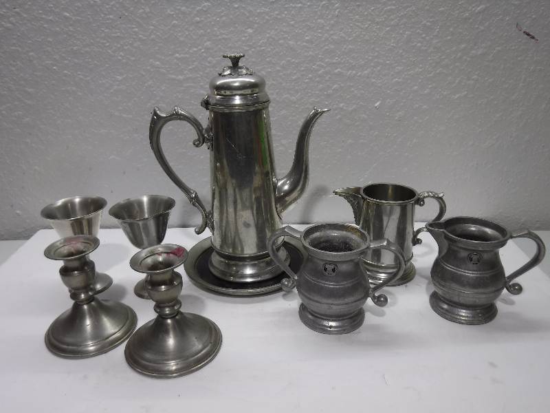lot 7165 image: Pewter coffee or tea server with creamer and sugar plus more