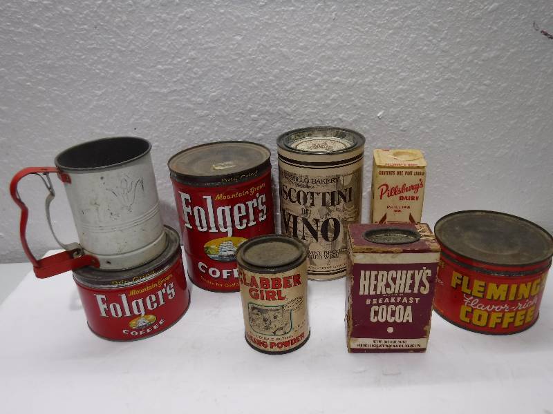 lot 7177 image: Vintge tins and a enamel flour sifter