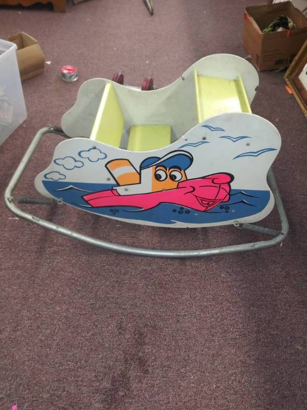 lot 3127 image: Vintage Kids Spring Rocker Bouncer Steam Tugboat Disney Little Toot 1940s-1950s