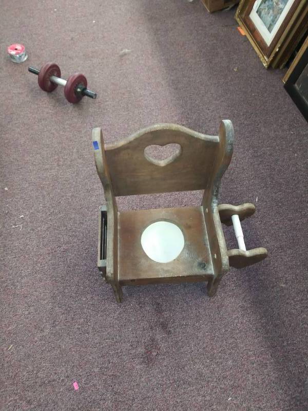 lot 3128 image: Vintage Toddler Child Wooden Training Potty Chair with TP Holder, Magazine Rack, Removable Potty Bowl
