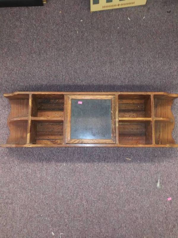 lot 3134 image: Wooden Hanging Wall Shelf with Small Shadow Box in the Middle