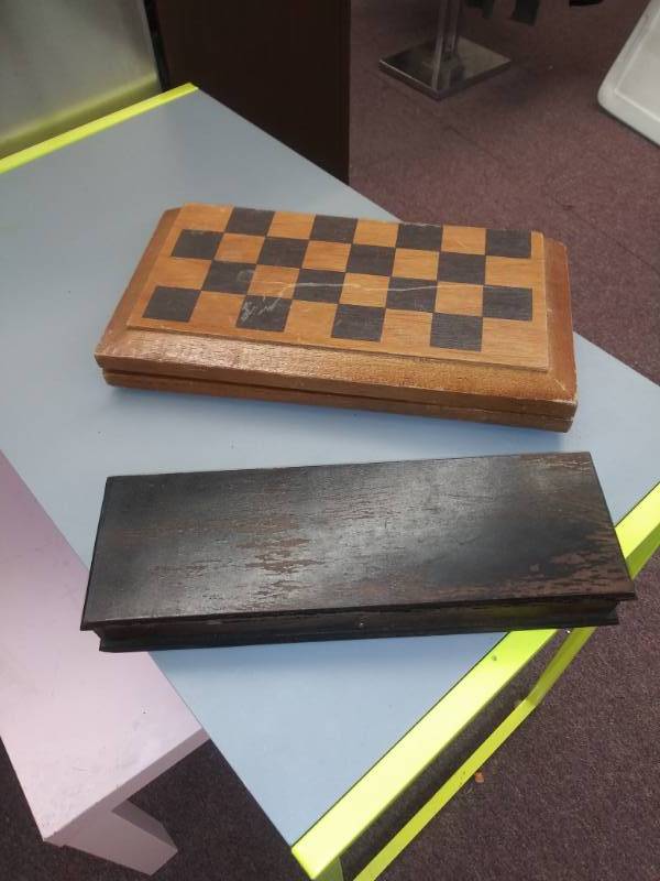 lot 3141 image: Chess and Checkers Wooden Game Board  Box and A Vintage Clarks Tiles Auction Bridge Game Board  Box