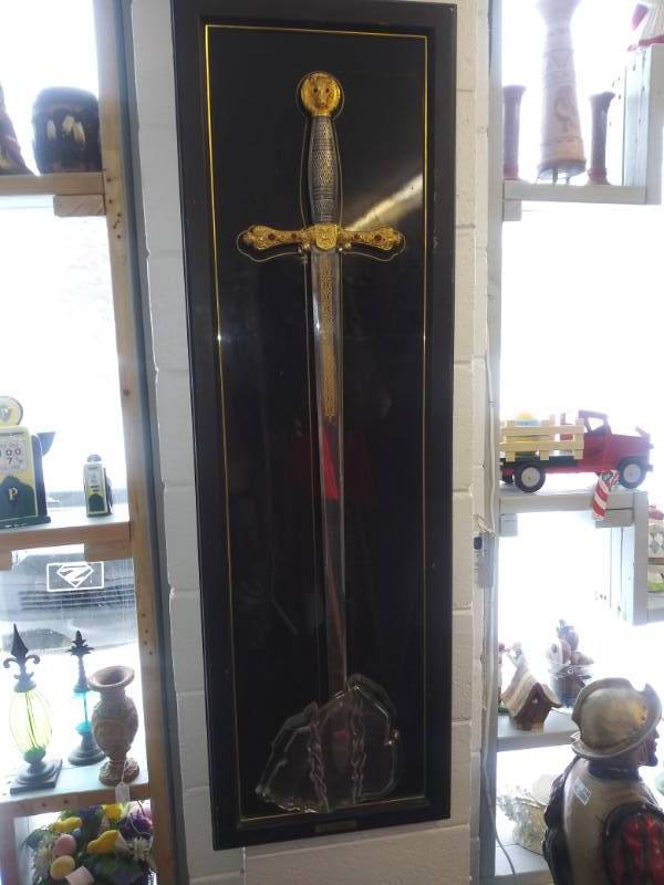 lot 3143 image: The Franklin Mint 45 in. Golden Legendary King Arthur Excalibur Medieval Crusader Sword with Wall Plaque