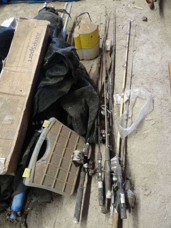 lot 3892 image: Fishing poles, Metal signs, and more