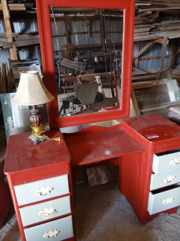 lot 3903 image: Red Vanity with mirror, sewing machine and More