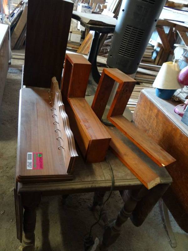 lot 3907 image: Vintage Drop-leaf table, Wood Shelf with Hooks, Speaker, Ceramic Heater and more