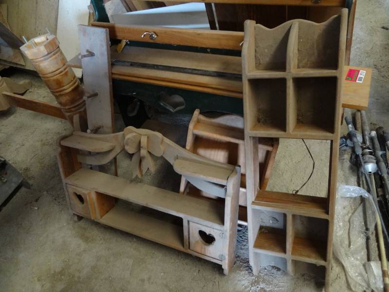 lot 3910 image: Decorative Craft-style Shelves, Antique Sled Pieces, Small End Table and more