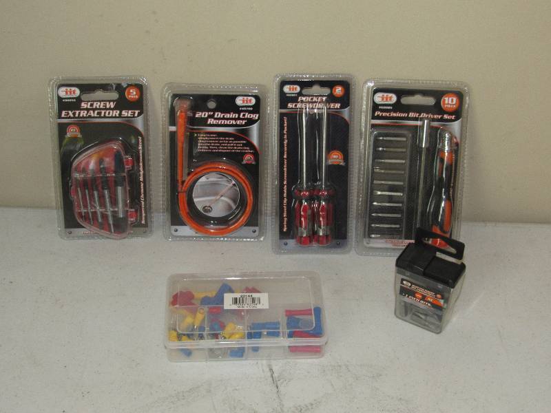 lot 5059 image: 2 pc Pocket Screwdriver Set, 10 pc Precision Bit Driver Set, 5 pc Screw Extractor Set, 27 pc 1 Bits, 20 Drain Clog Remover, 32 pc Assorted Electrical Connector Set