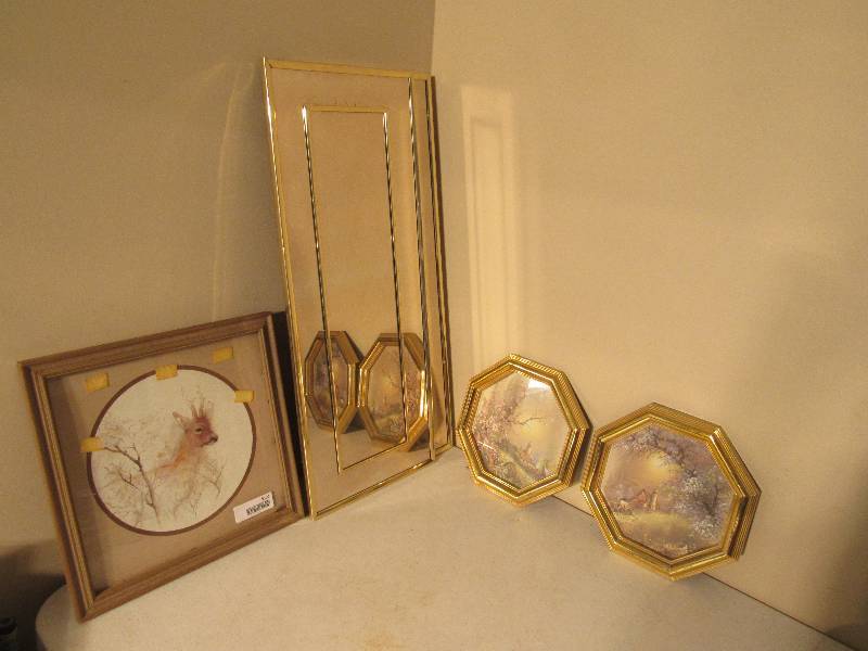 lot 5121 image: 3 Gold Colored Frame Pictures & 2 Gold Colored Frame Mirrors