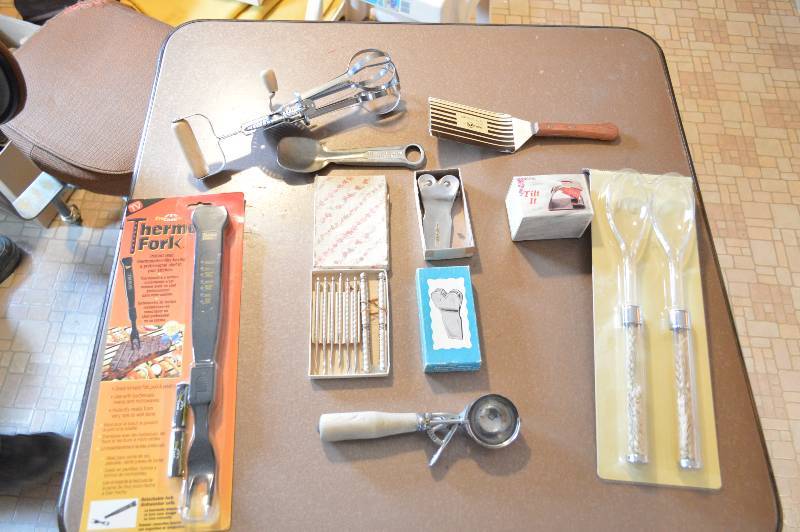 lot 1320 image: Cool Vintage Lot - Nutcracker, ice cream scoop w wooden handle, thermo fork NIB, hand mixer, salad fork & spoon NIB