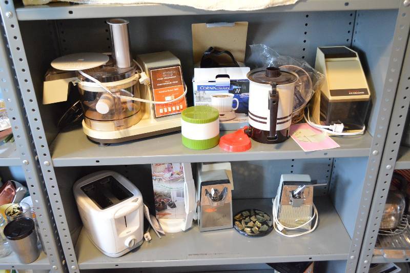 lot 1328 image: Small kitchen appliances - all on 2 shelves (food processor, toaster, ice crusher, 2 vintage can openers, & more)