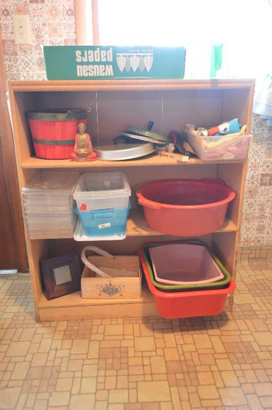lot 1355 image: Shelf & contents Plastic storage tubs, fabric, etc