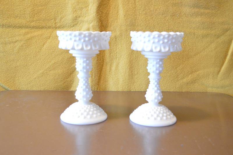 lot 1506 image: Hobnail milk glass candle sticks