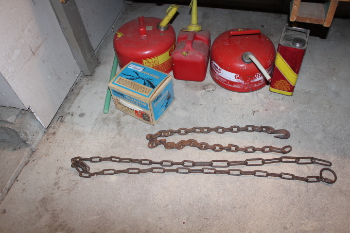 lot 1405 image: Chains, Tire Chains and 4 Gas Cans