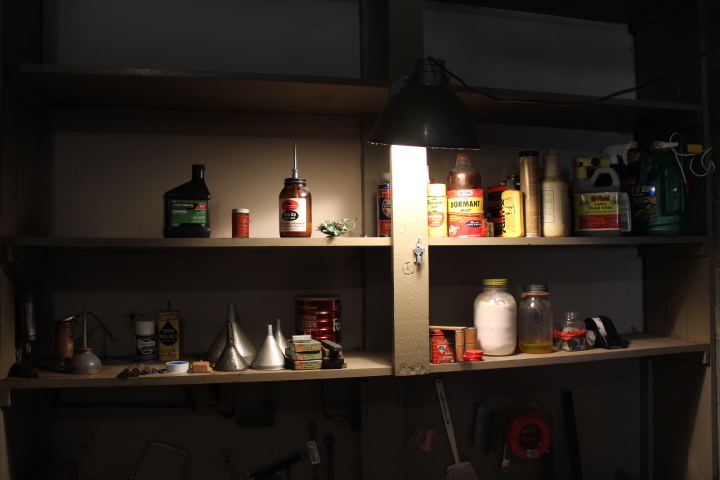lot 1406 image: All on 2 Shelves - Oil, Chemicals and Funnels