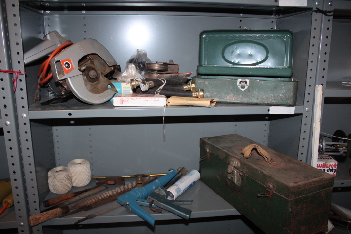 lot 1436 image: Contents of 2 Shelves - Circular Saw, Toolboxes and Files