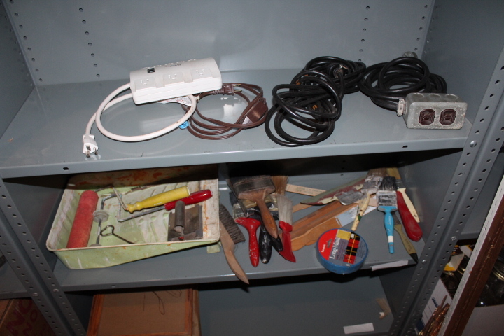 lot 1437 image: Contents of 2 Shelves - Extension Cords and Painting Supplies