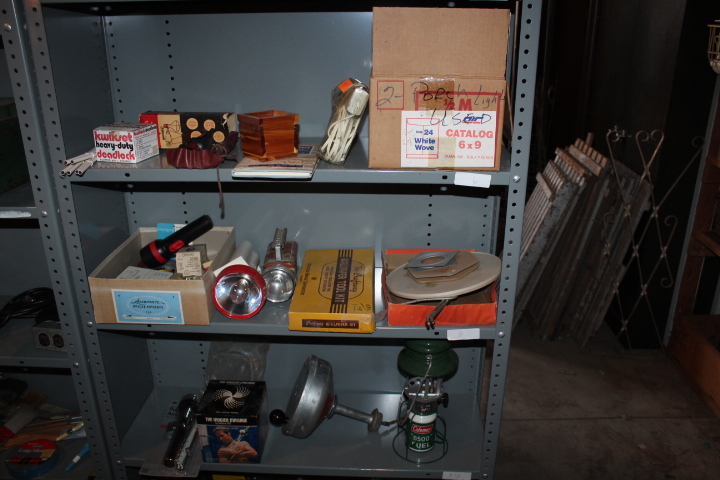 lot 1458 image: Contents of 3 Shelves - Lantern (Missing Glass), Snake and Plumbing