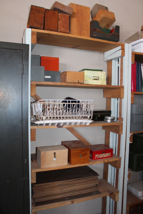 lot 1622 image: Contents of Shelf - Wooden Card Box, Suggestion Box and Wooden Boxes