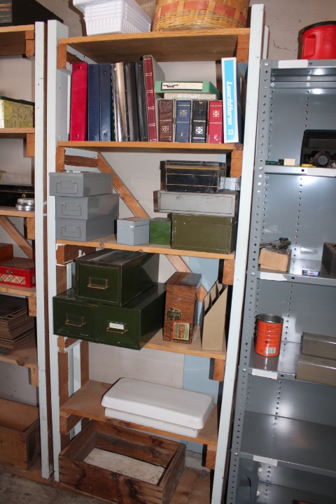 lot 1623 image: Contents of Shelf - Metal Card Boxes, Basket and Metal Boxes with Lids
