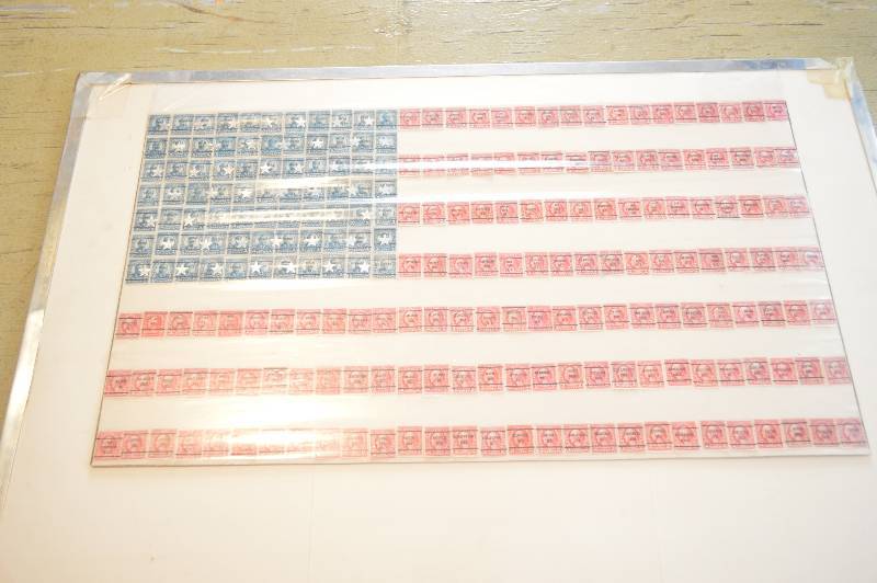 lot 1635 image: Stamp US flag wall decor - appears to be stamped from all 50 states - cool