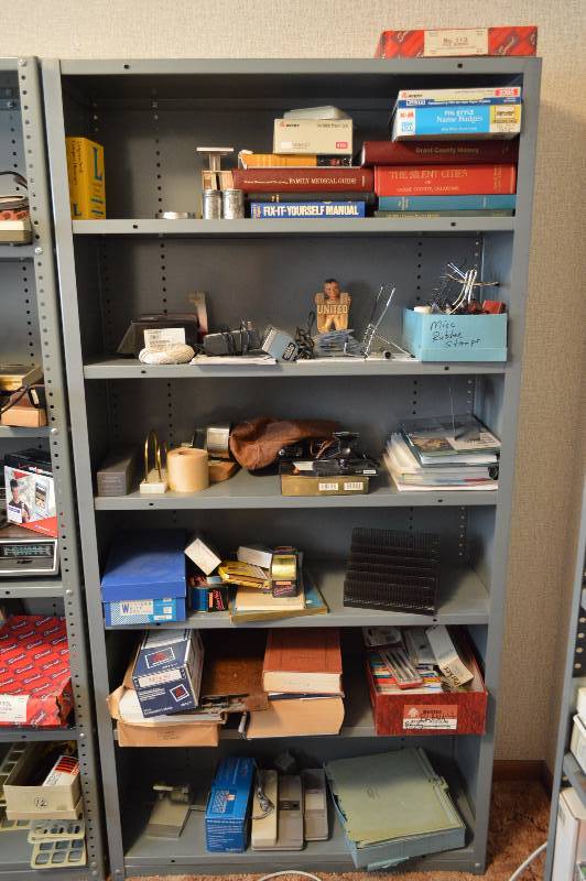 lot 1680 image: All contents on shelf - misc office supplies CATCH ALL Shelving not included