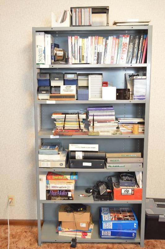 lot 1682 image: All contents on shelf - misc office supplies & books CATCH ALL Shelving not included