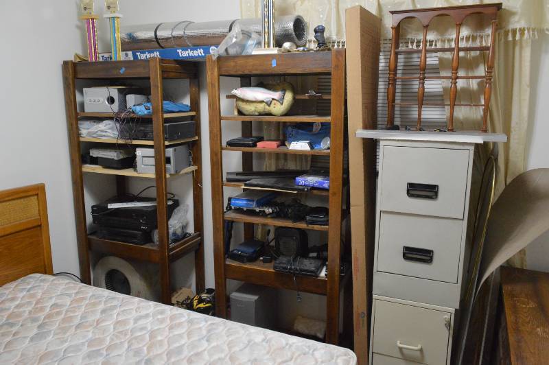 lot 1203 image: (2) Wooden shelves with contents and (2) 2 drawer file cabinets