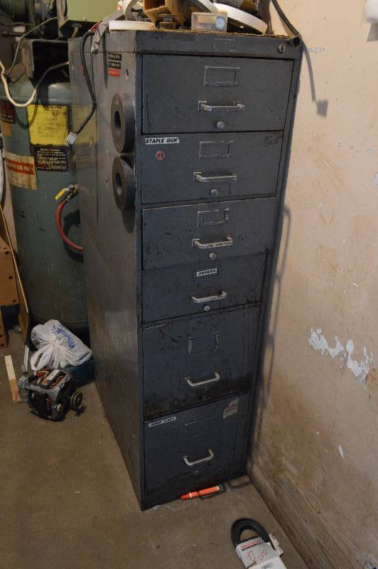 lot 1293 image: Parts cabinet with contents - 14.75 by 28 deep by 52.75 tall
